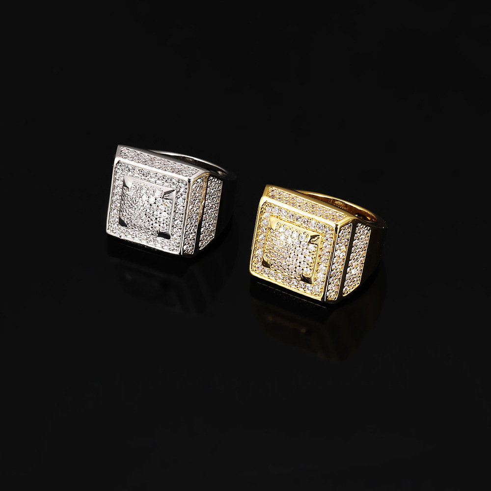 Hip Hop Retro Square Ring 5A Cubic Zircon 18K Real Gold Plated Finger Ring Mens Rap Jewelry