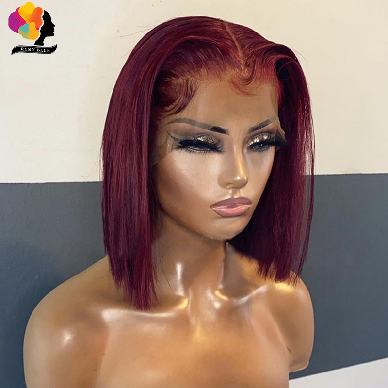 Burgundy Red Colored 13x4 Lace Frontal Wig Short Straight Bob Cut Lace Front Synthetic Wigs Preplucked For Women