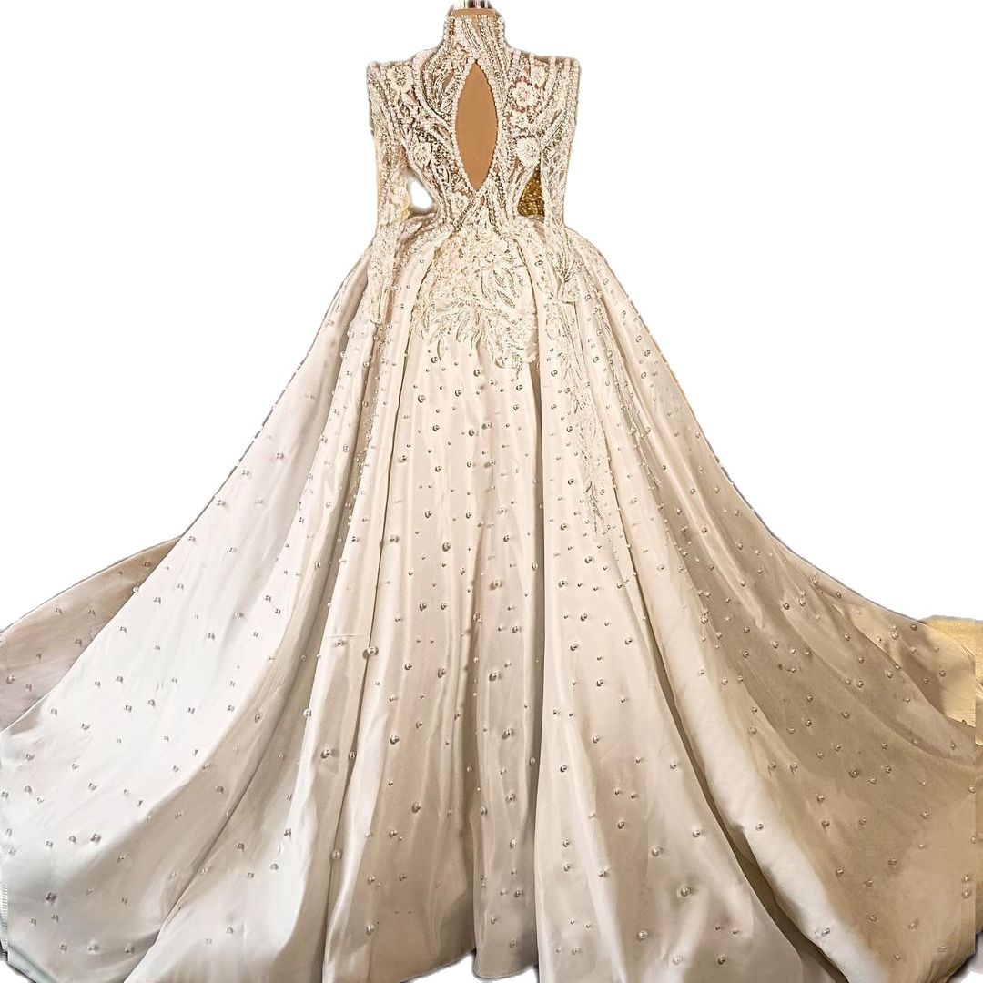 Exquisite A Line Wedding Dresses Full Sleeve Pearl Beads Bridal Gowns Detachable Train Custom Made Plus Size 3D Flowers Formal Dress
