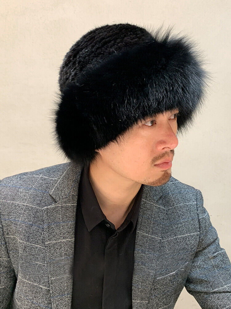 Men's Real Mink Fur Hat Winter Warm Bucket Hat Fox Brim Outdoor Ski Cap, Black 
Men's Real Mink Fur Hat Winter Warm Bucket Hat Fox Brim Outdoor Ski Cap, Black