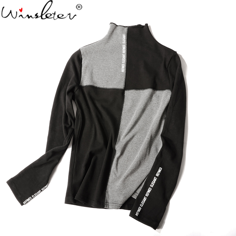 Women Spring/Autumn Slim T-Shirt Patchwork Bottoming Long Sleeve Casual Korean Minimalist Triko Top Tees Sanded T07833B 220321