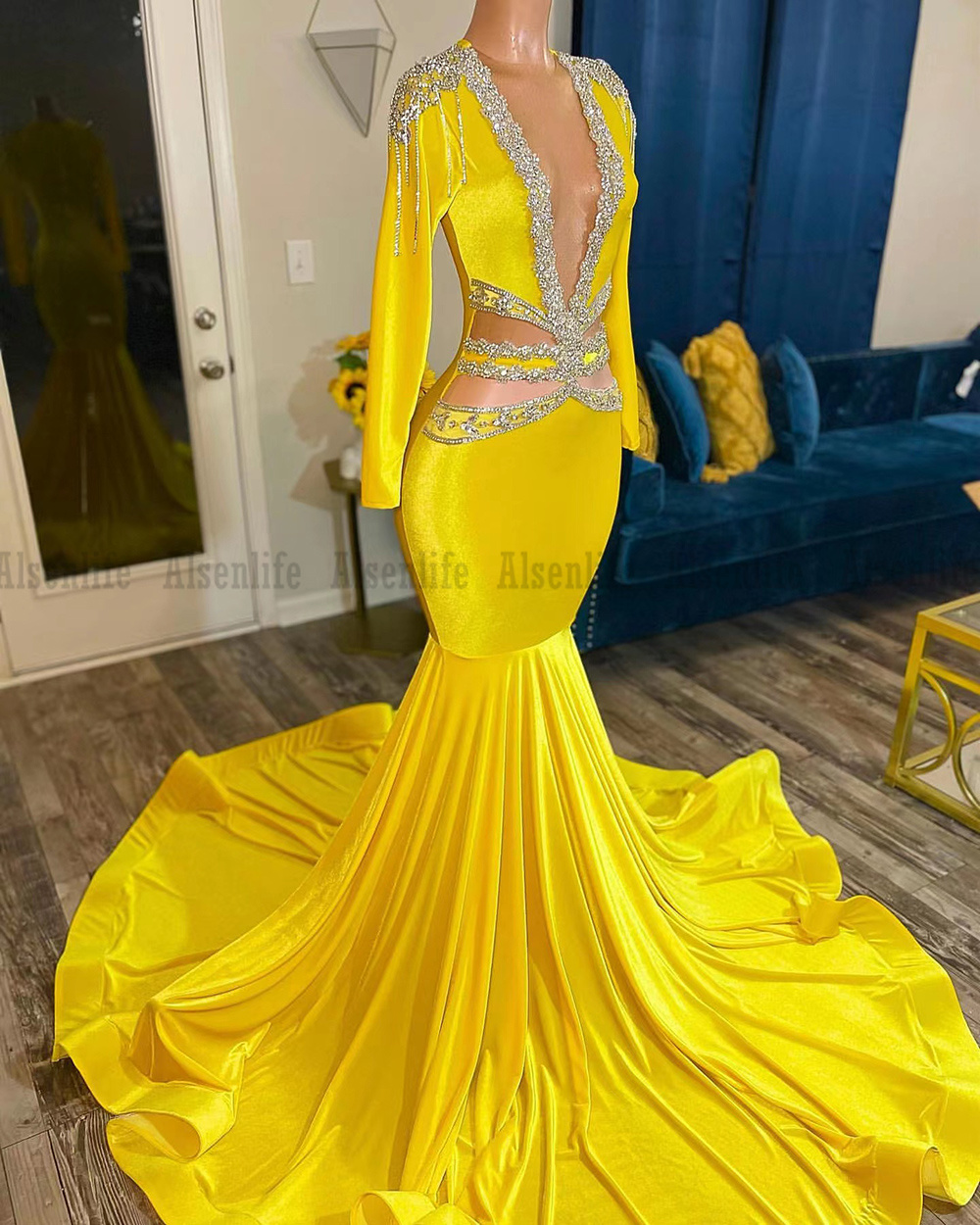 Yellow Velvet Beaded Mermaid Prom Dresses Sexy Backless African Black Girls Evening Gowns Robes De Soiree