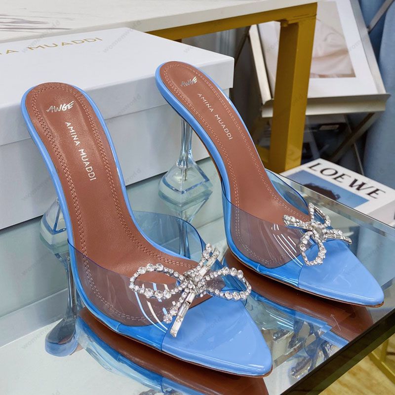 

Luxury Designer Amina Muaddi sandals New clear Begum Glass Pvc Crystal Transparent Slingback Sandal Heel Pumps 100mm crystal-embellished slippers Light Blue shoes, Only a shoe box