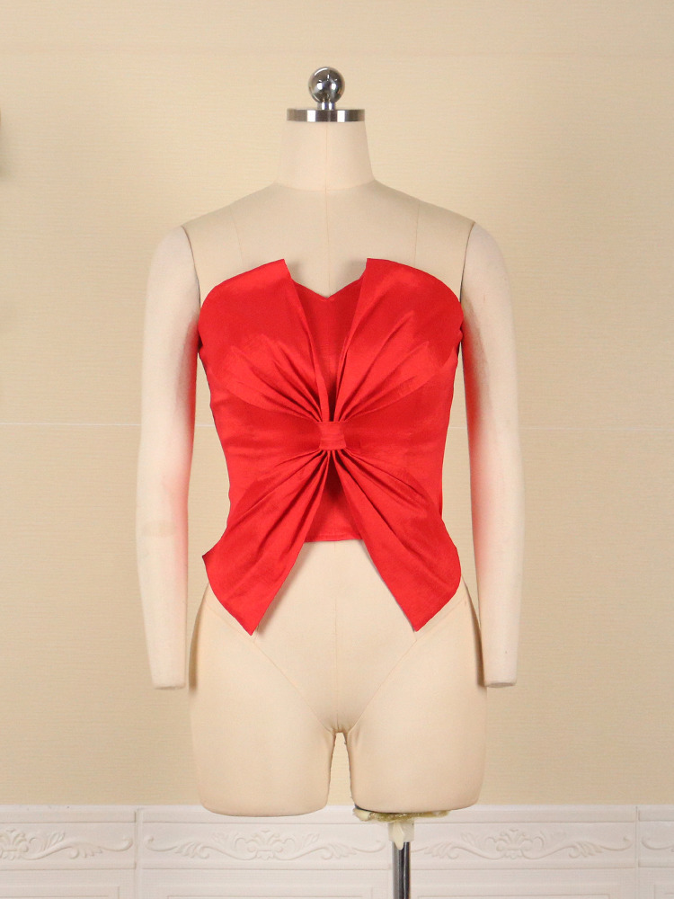 AOMEI Women Red Party Tops Elegant Crop with Big Bow Summer Sexy Bare Shoulder Backless Anti Slip Tube Blouse 3XL 220316