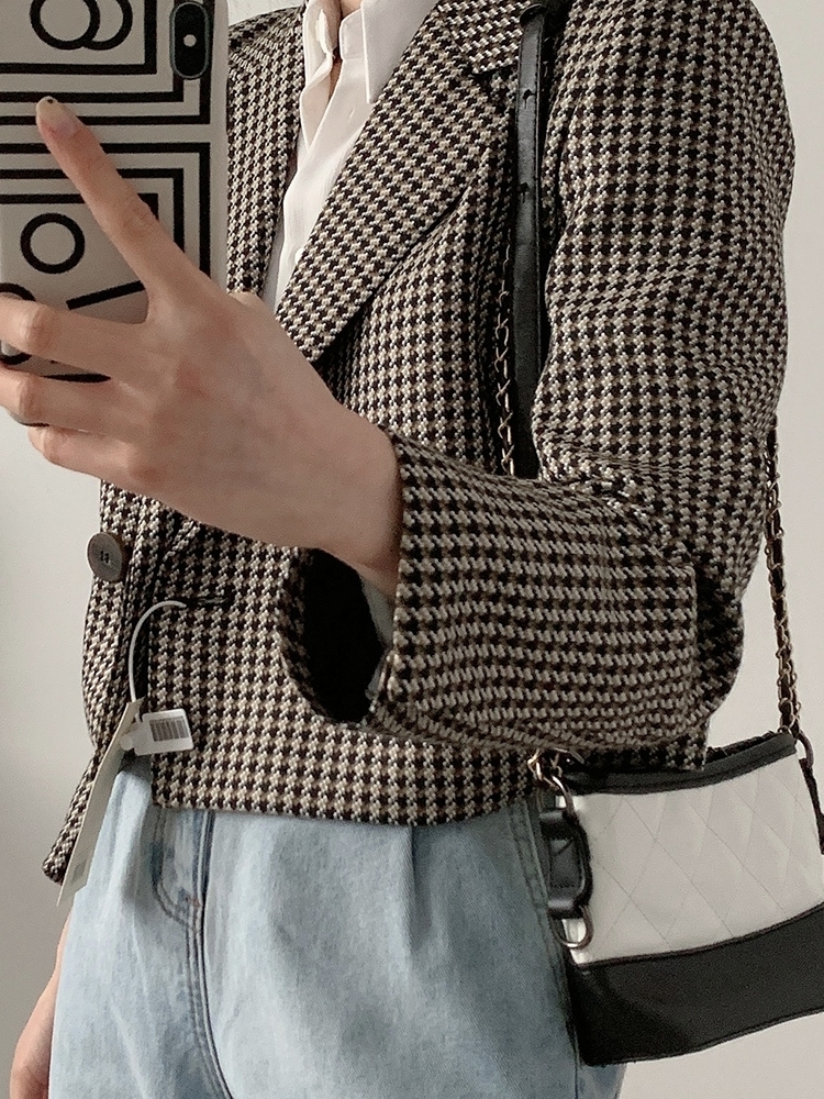 Spring Autumn Womens Vintage Plaid Crop Blazer Top Chic Elegant Office Wear Outwear Ladies Streetwear Suit Jacket 220810