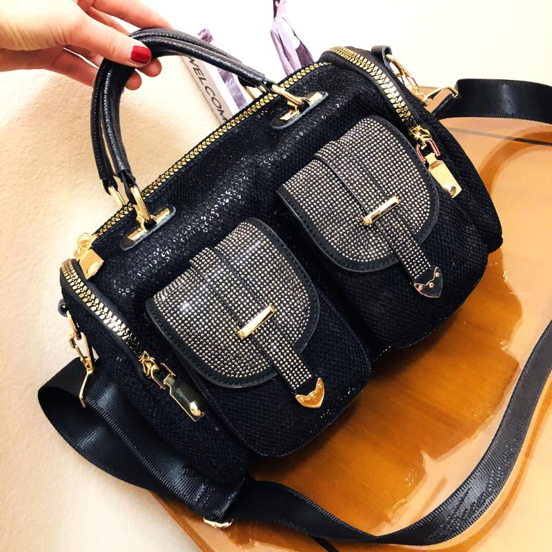 Free Shipping Evening Bags Female Fashion Mesh Netting Dias Multi-pockets Messenger Bag 2025 Women Trends Shiny Rhinestone Boston Satchel Shoulder
