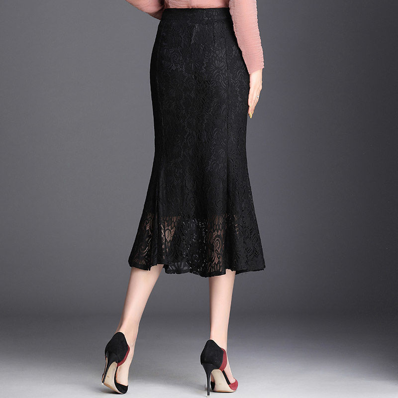 Women's Skirt Elegant Vintage Office Ladies All-match Lace Mermaid Skirts High Waist Zipper Bud Trumpet Midi 220322