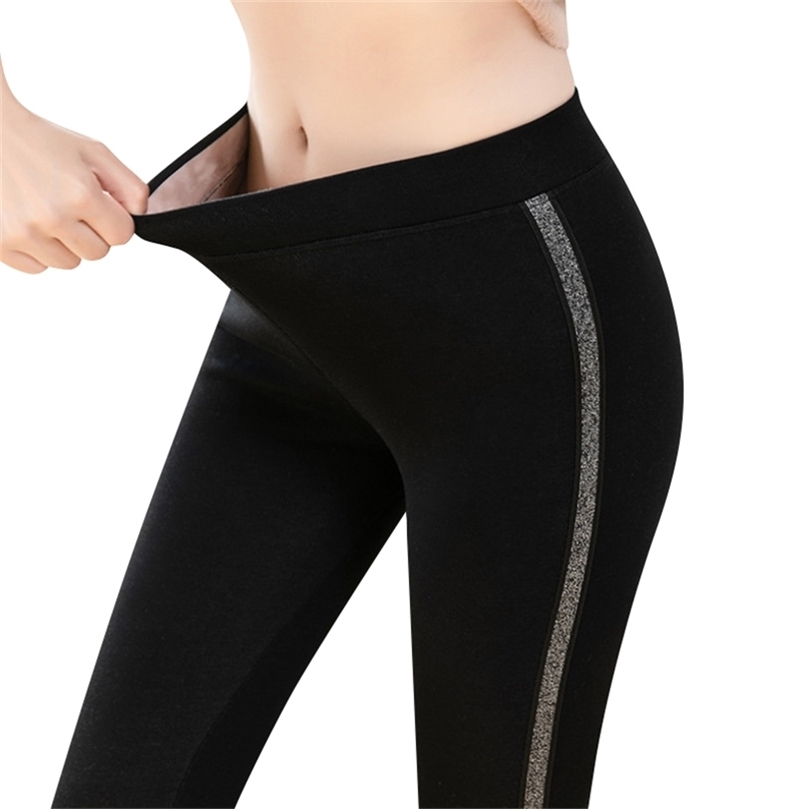 Autumn Winter Cotton Velvet Leggings Women High Waist Side Stripes Sporting Fitness Leggings Pants Warm Thick Leggings 210820