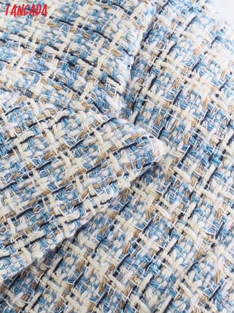 Tangada Women Winter Office Lady Blue Tweed Thick Blazer Coat Vintage Double Breasted Female Outerwear BE579 220402