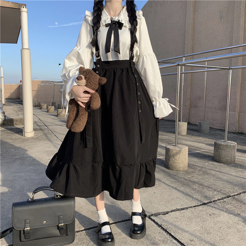HOUZHOU Gothic Lolita Long Skirt Women Harajuku Ruffle Strap Black High Waist Soft Girl Japanese Kawaii Streetwear Summer 220317