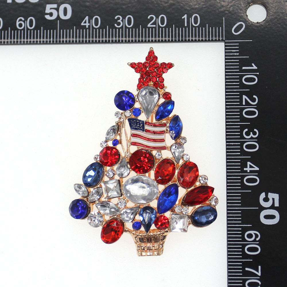 10 Pcs/Lot Custom American Flag Brooch Crystal Rhinestone Christmas Tree Shape 4th of July USA Patriotic Pins For Gift/Decoration