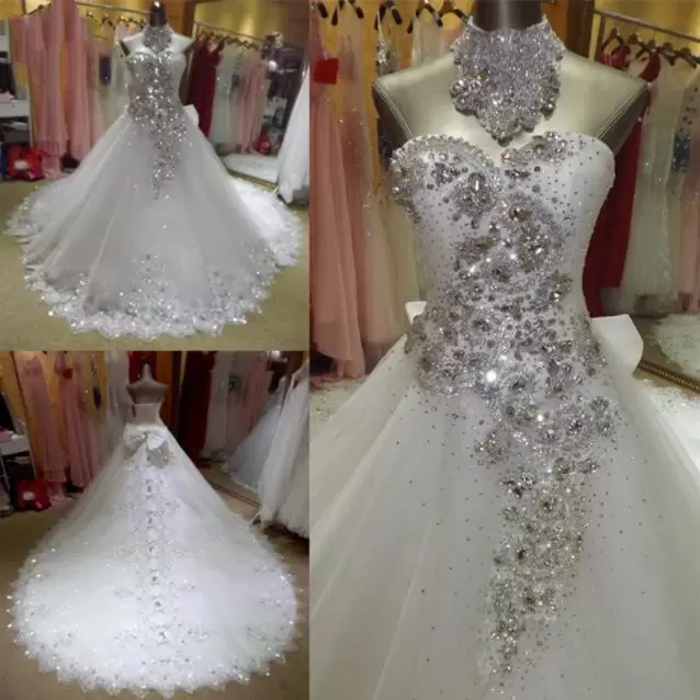 Wedding Beaded Dresses Crystals Bride Gown Sequins Lace Applique Chapel Train Plus Size Custom Made Sweetheart Necke Vestido De Novia