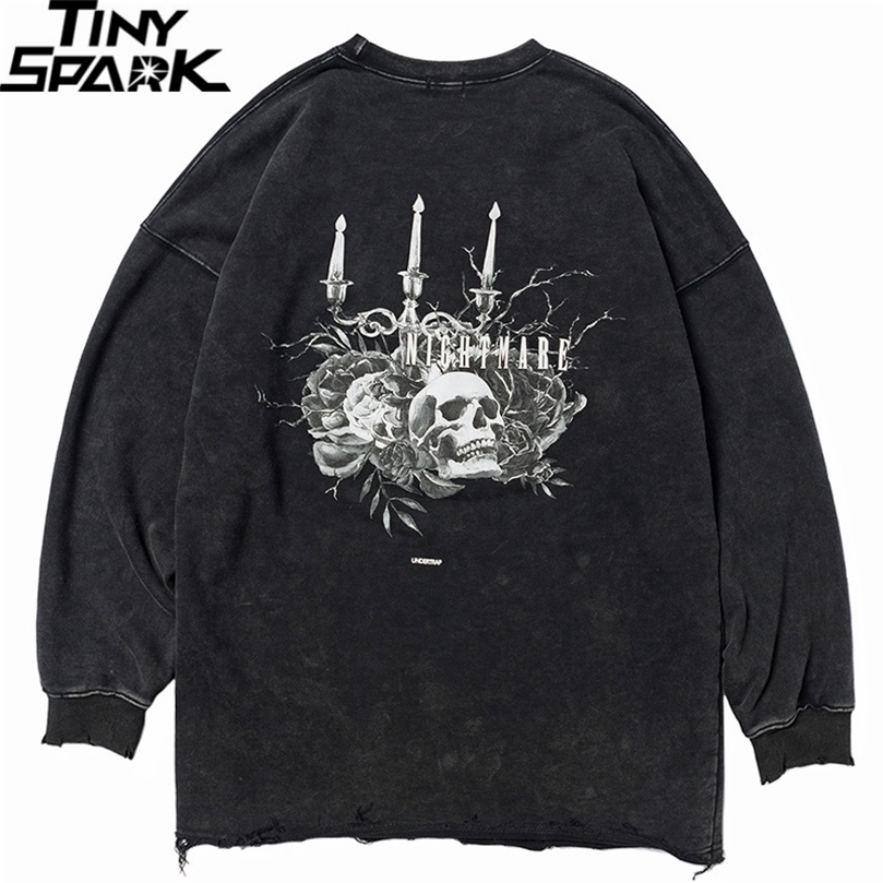 Streewear Skull Retro Washed Sweatshirt Pullover Mens Hip Hop Sweatshirt Ripped Holes Harajuku Pullover Cotton Black HipHop 201128