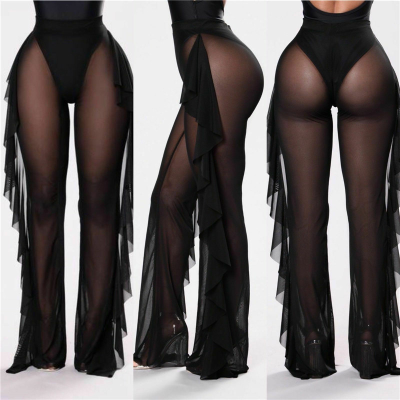 Sexy Women See-through Pants Bikini Cover Up Mesh Ruffle Bottoms Plus Size Loose Long Trousers Beachwear Swimwear Swimsuit 220426