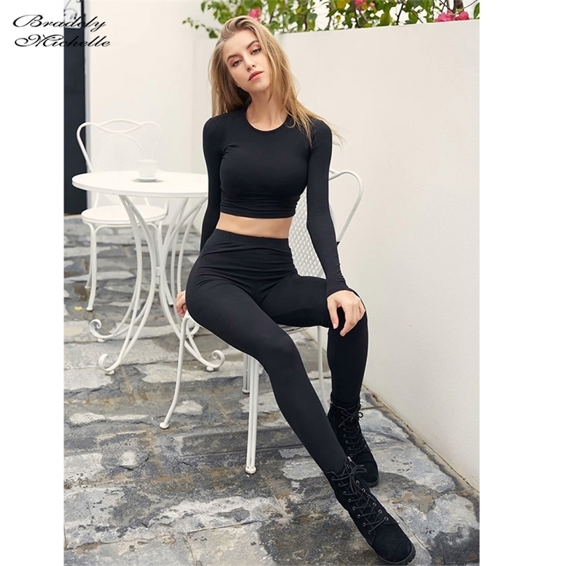 BRADELY MICHELLE crop tops for women Sexy female oneck longsleeve solid t shirt T200614