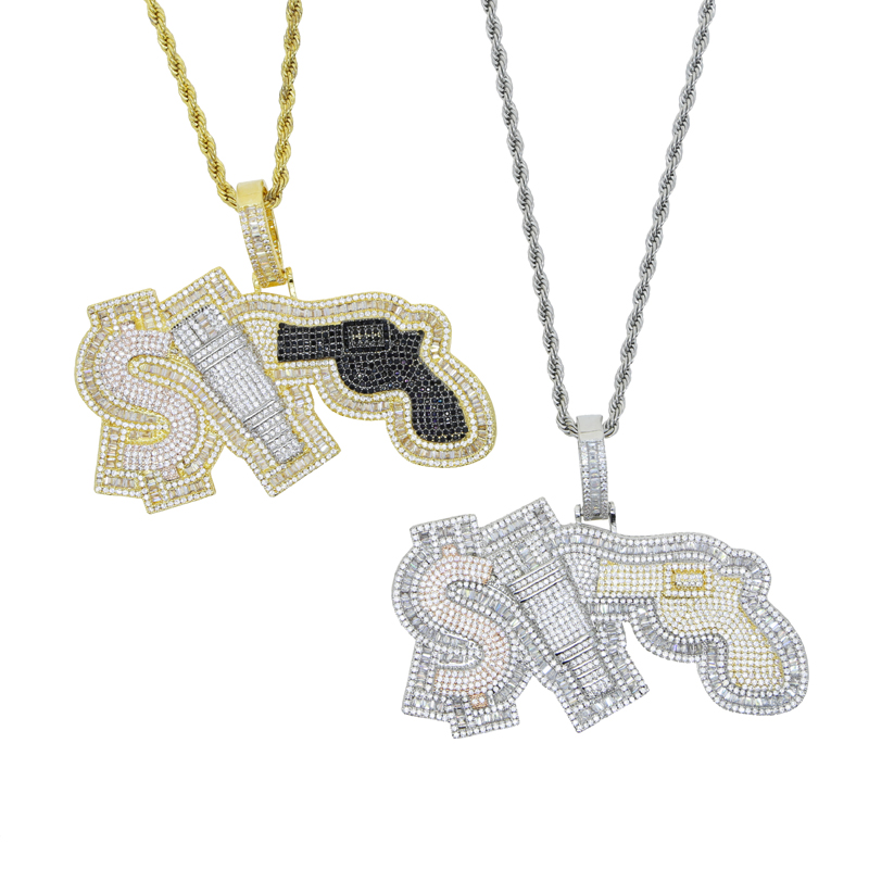 New arrived full cz paved gun pendant fit cuban tennis chain plated tow tone for men boy hip hop necklace jewelry wholesale