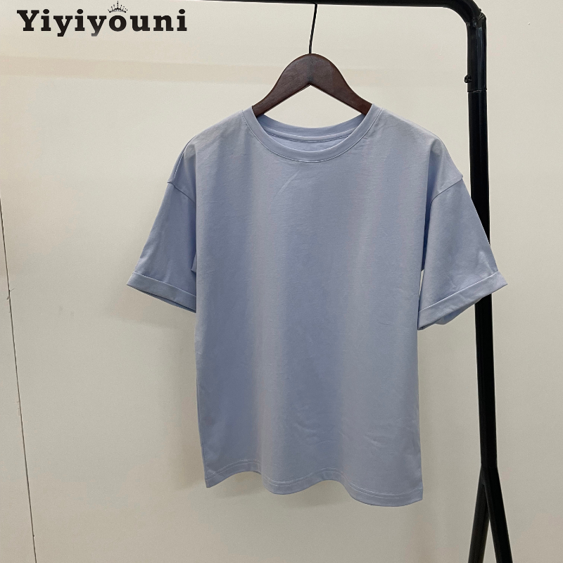 Yiyiyouni Summer Basic Cotton Loose T Shirts Women Solid Harajuku O Neck Short Sleeve Tees Shirt Female Casual Soft Khaki Tops 220321