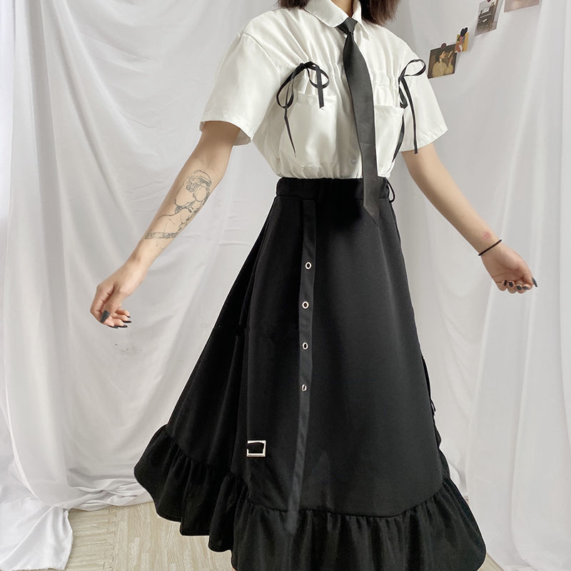 Spring/Autumn Women Skirts High Waist Student Korean Style Dark Vintage Ruffle Long A-line Fashion 220322
