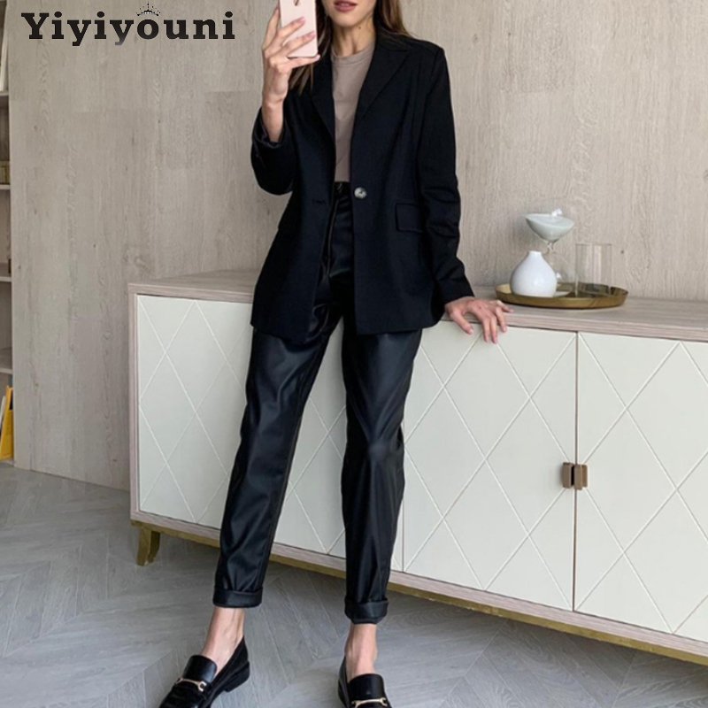 Yiyiyouni Autumn Winter High Waist Fleece PU Leather Pant Casual Faux Trouser Pockets Straight Female 220325