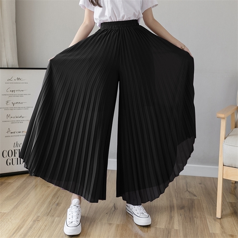 Women Summer Autumn Pleated Loose Pants Fashion Female Chiffon Elastic Waist Skirt Black Blue Wide Leg Femme 220325