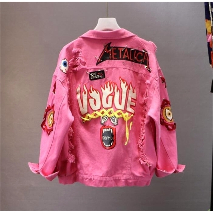 Red / Yellow Jeans Jacket Spring Autumn Womens Graffiti Alphabet Printing Lace Bow Pin Hole Denim Coat Student Basic Coat 201210