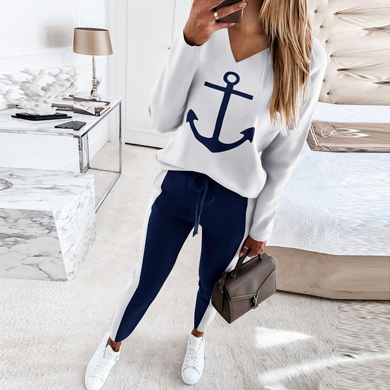 Women Casual V-Neck Full Sleeve Elastic Waist 2PCS Suits Loose Printing Pants Sets Fashion Elegant Streetwear Drop 220315