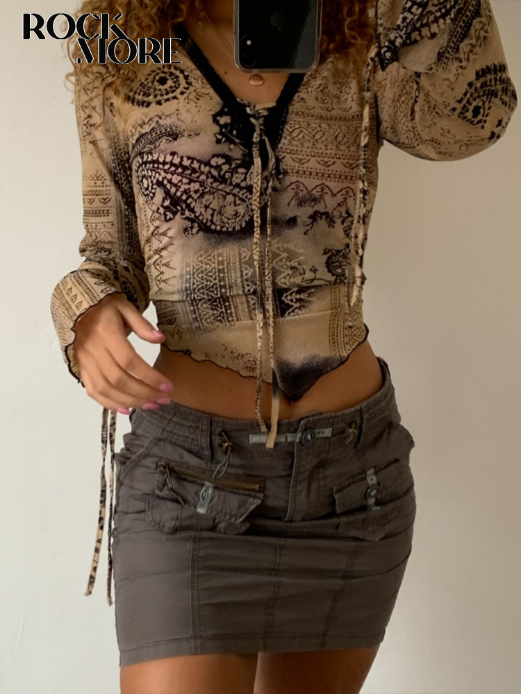 Rockmore Fairy Grunge Print Crop Top Women'S Flare Sleeve Tshirts Aesthetic Retro Harajuku Tie Up V-neck Tee 90s Vintage Clothes 220321