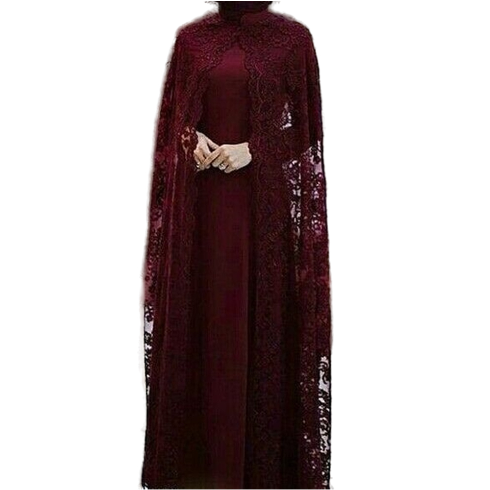 Modest Hijab Muslim Mother Of The Bride Dresses With Long Lace Cape Full Sleeves Bury Caftan Women Wedding Party Dress High Neck Prom Formal Evening G