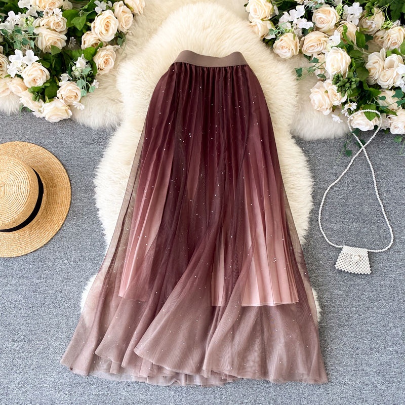 Bling Fairy Starry Metallic A-line Long Tulle Skirt Gradient Color Lush Puff Maxi Mesh Skirts 220317