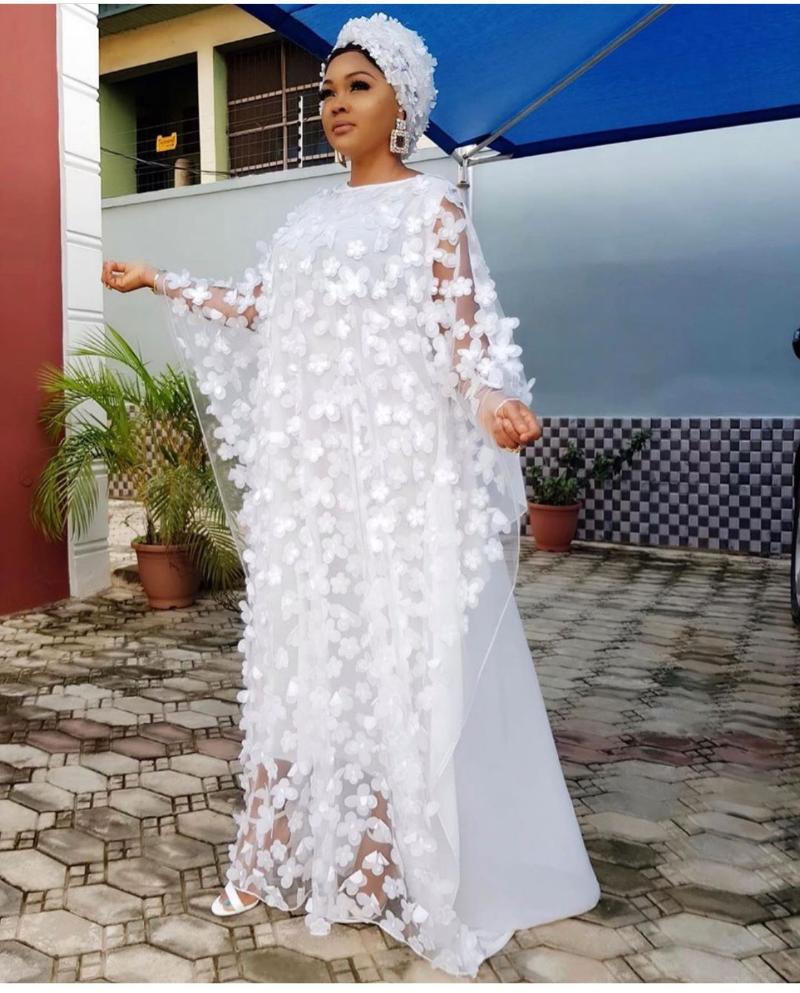 Casual Dresses Tsxt 2022 African Style Women Solid Lace Embroidery Flower Mesh O-Neck Batwing Sleeve Loose Plus Size Robe Vest Long Dress