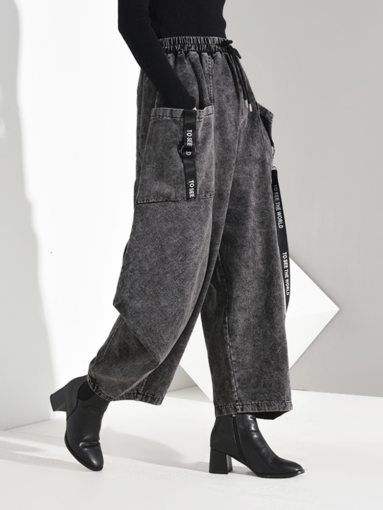[EAM] High Elastic Waist Pocket Split Long Denim Wide Leg Trousers Loose Fit Pant Fashion Spring Autumn 1D 220325