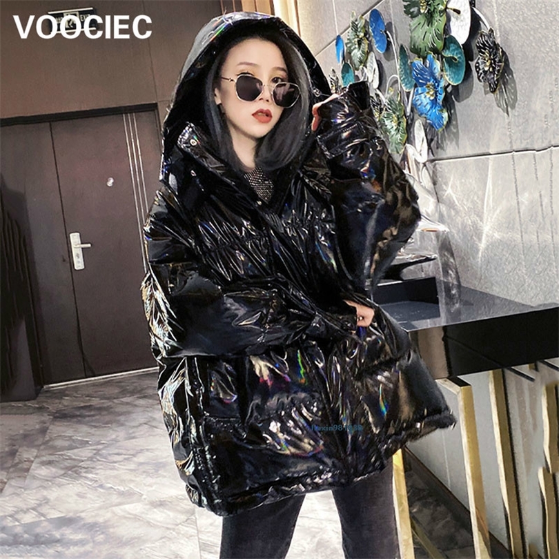 VOOCIEC New Fashion Hooded Glossy Winter Down Cotton Padded Jacket For Women Thick Bright Black Shiny Jacket black Parkas 201019