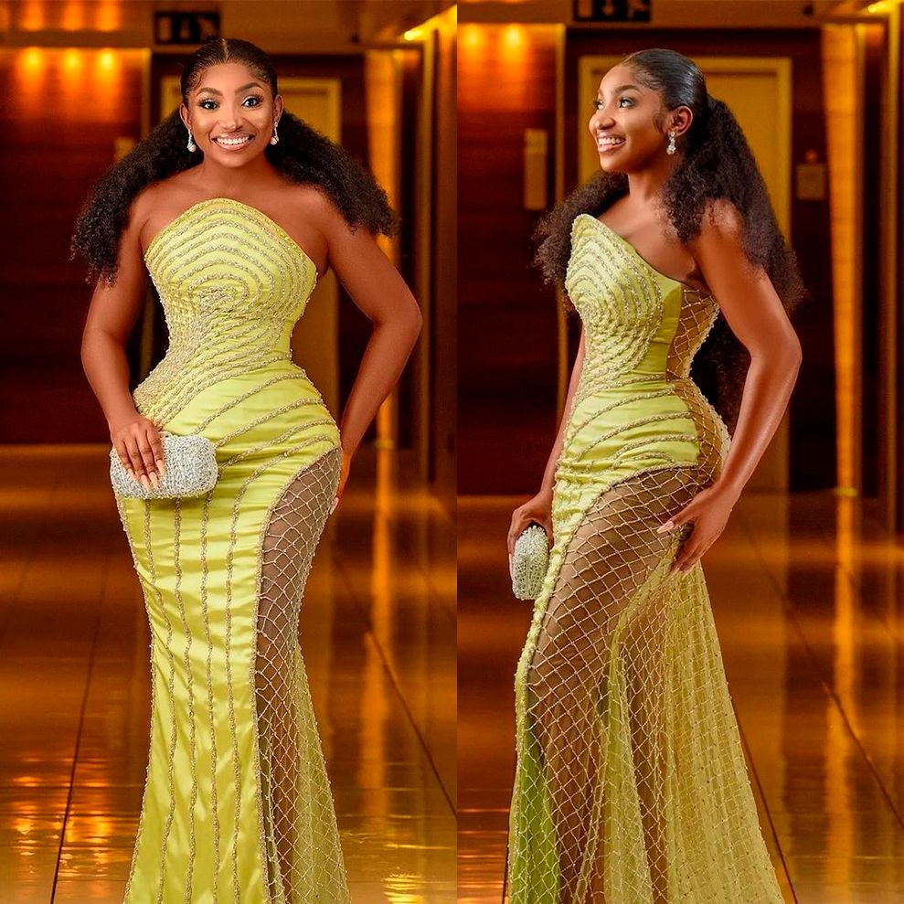 Luxurious Strapless African Dubai Evening Dresses High Split Illusion Mermaid Prom Dress Sequined Lace Formal Party Gowns