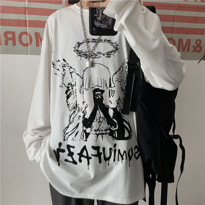 QWEEK Harajuku Gothic Angle Print T-shirt Women's Streetwear Long Sleeve Black Tops Alt Clothes Pastel Mall Goth Trendy 220321
