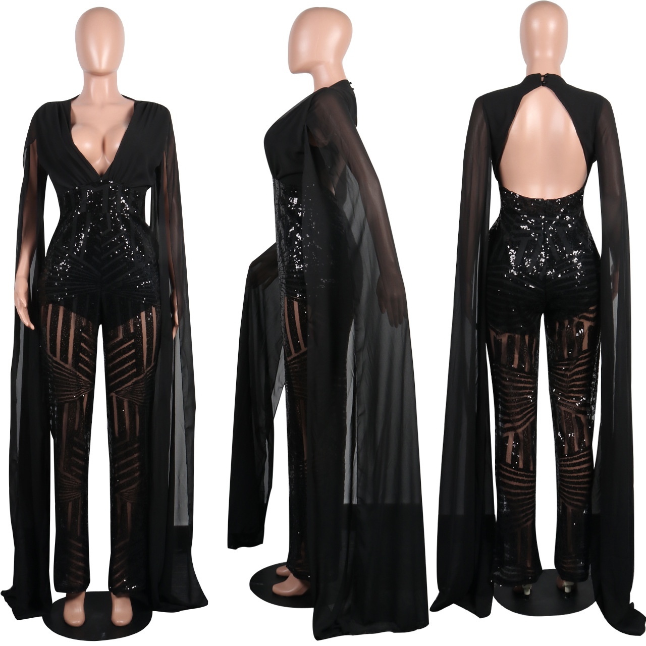 Bling Sequin Jumpsuit Evening Dress Africa 2022 Sexy Open Back Plus Size Prom Dress Black Girls V Neck Formal Caftan Vestidos De Noche Robes Soiree Ab