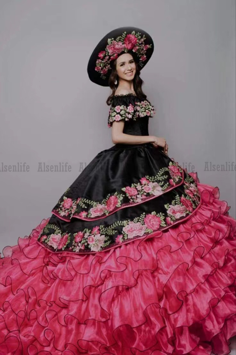 Abiti Da Cerimonia Mexican Quinceanera Dresses Puffy Organza Skirt Sweet 16 Dress Floral Applique Vestidos De 15 Años
