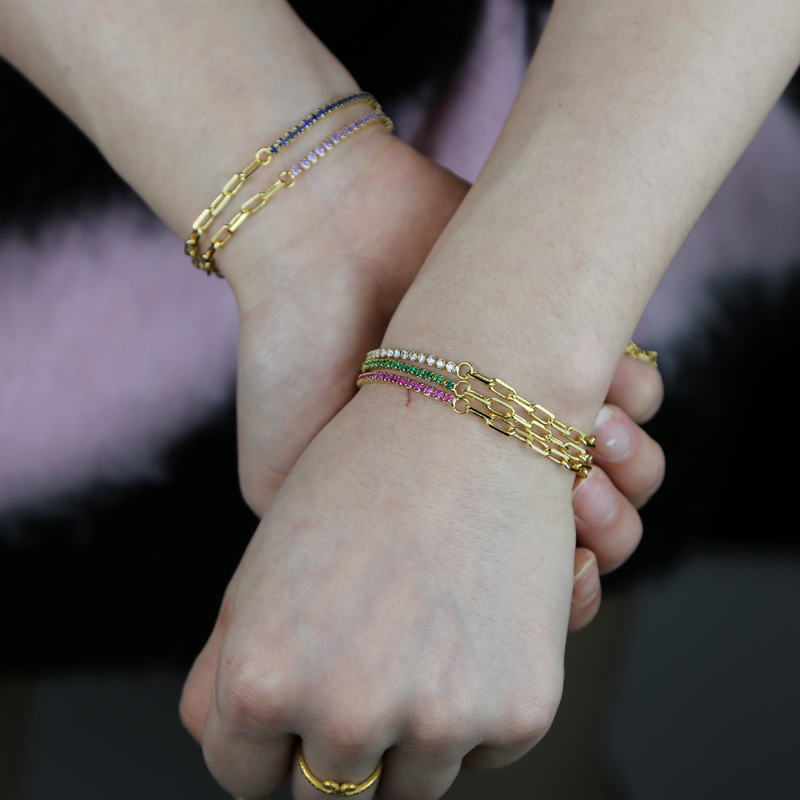 Rainbow CZ Tennis Bracelet for Women - Gold Paper Clip k Chain, Round Bezel Crystal Colorful Bracelets Jewelry