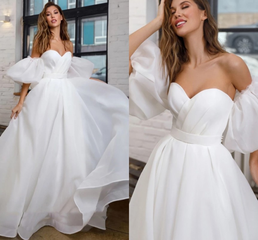 Sweet Organza Wedding Dress Detachable Puff Sleeves Elegant Romantic A-line Bridal Dresses Princess Gowns Vestido de Noiva 2022 Robe De Mariage