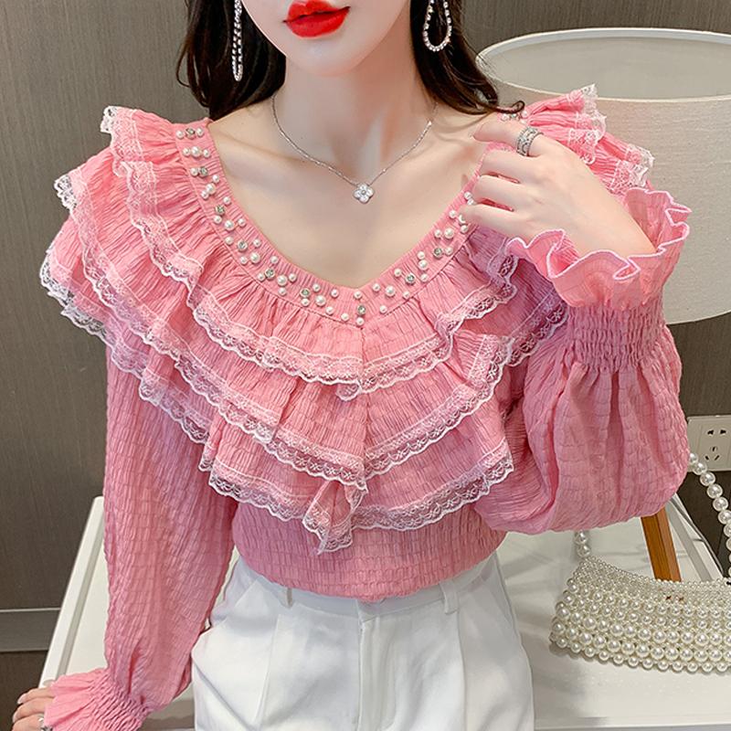 Women' Blouses & Shirts Autumn Long Sleeve Blouse Women Beading Ruffles V-Neck Chiffon Shirt Tops Blusas Mujer De Moda 2022 F215, Pink
Women' Blouses & Shirts Autumn Long Sleeve Blouse Women Beading Ruffles V-Neck Chiffon Shirt Tops Blusas Mujer De Moda 2022 F215, Pink