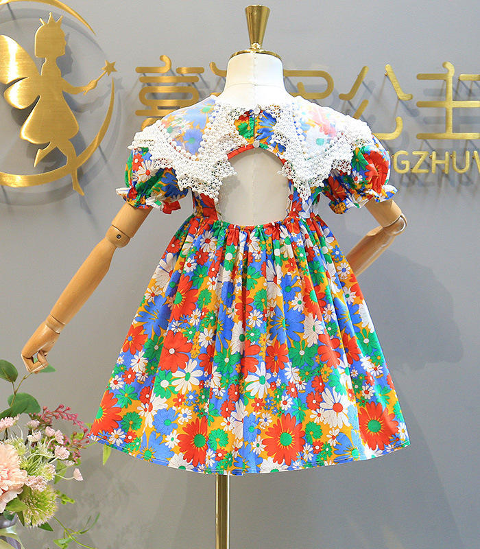 Girls Dress No Hat European American Style Summer ChildrenS Clothing Girls Baby Kids Princess Party Lace Lapel Floral Dress 220707