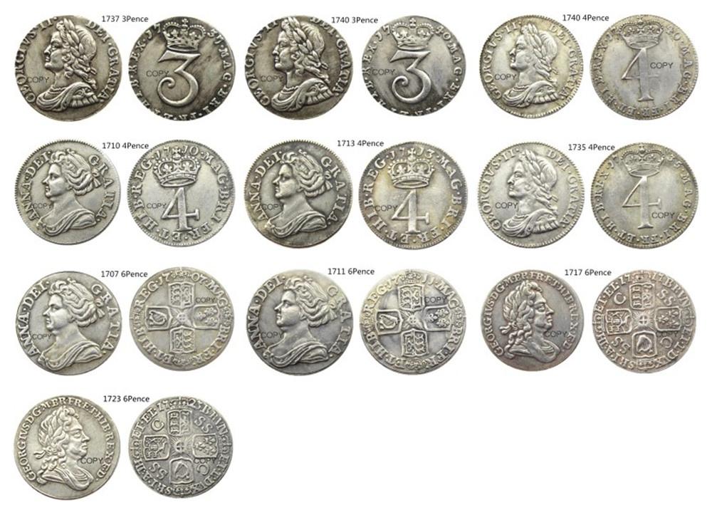 UK A Set Of(1710-1740) 3/4/6 Pence 10pcs Craft SHILLING - GEORGE I BRITISH Silver Plated Copy Coin metal dies manufacturing
UK A Set Of(1710-1740) 3/4/6 Pence 10pcs Craft SHILLING - GEORGE I BRITISH Silver Plated Copy Coin metal dies manufacturing