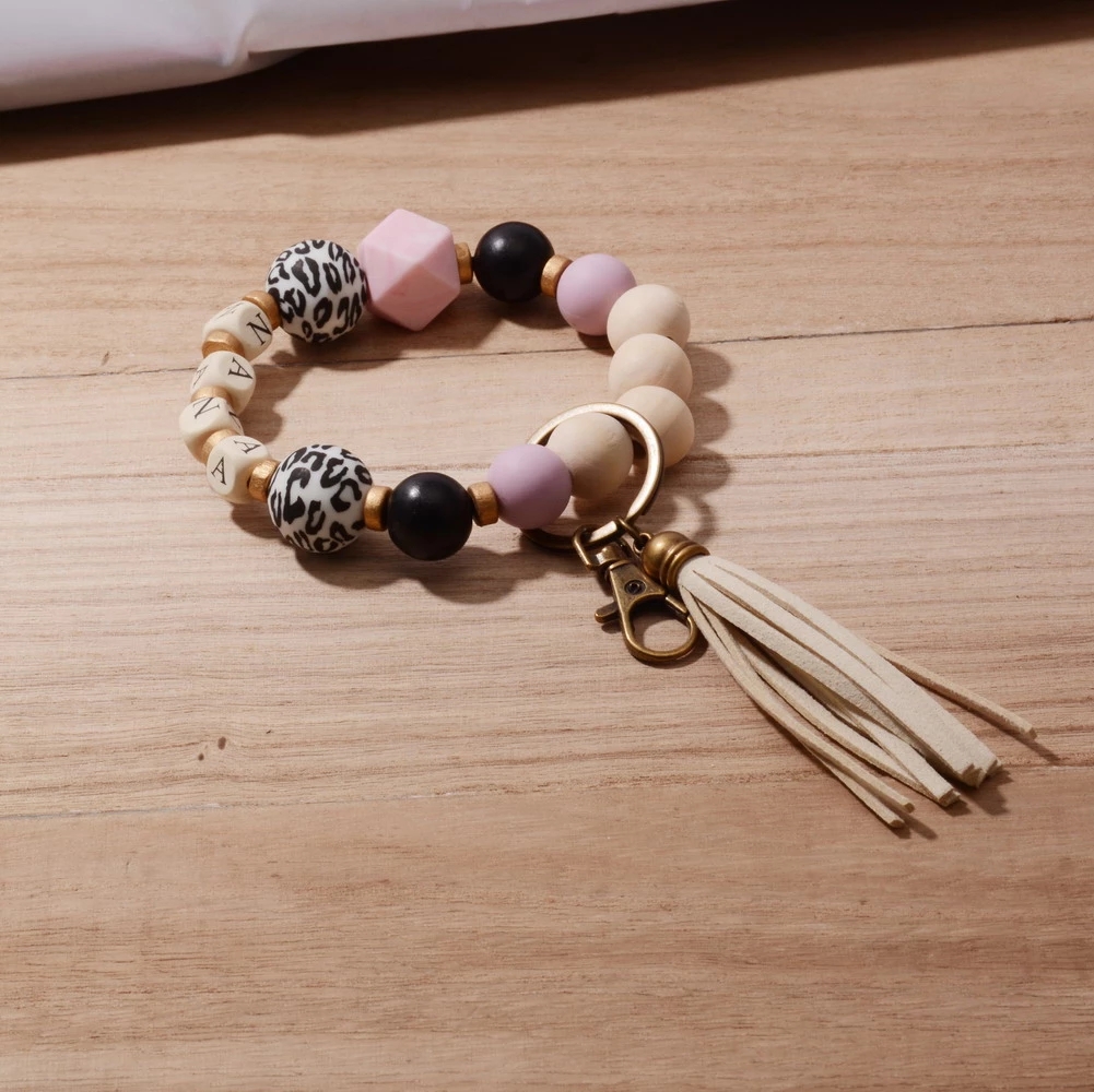 New Leopard Print Silicone Bead Keychain Fashion Bag Pendant Tassel MAMA Letters Bracelet Key Chains