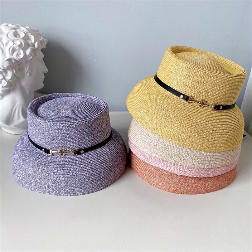 Elegant ummer un Protection Female Wide Brim Belt Metal Buckle Bain Girl Cap Beach traw Hat 220613