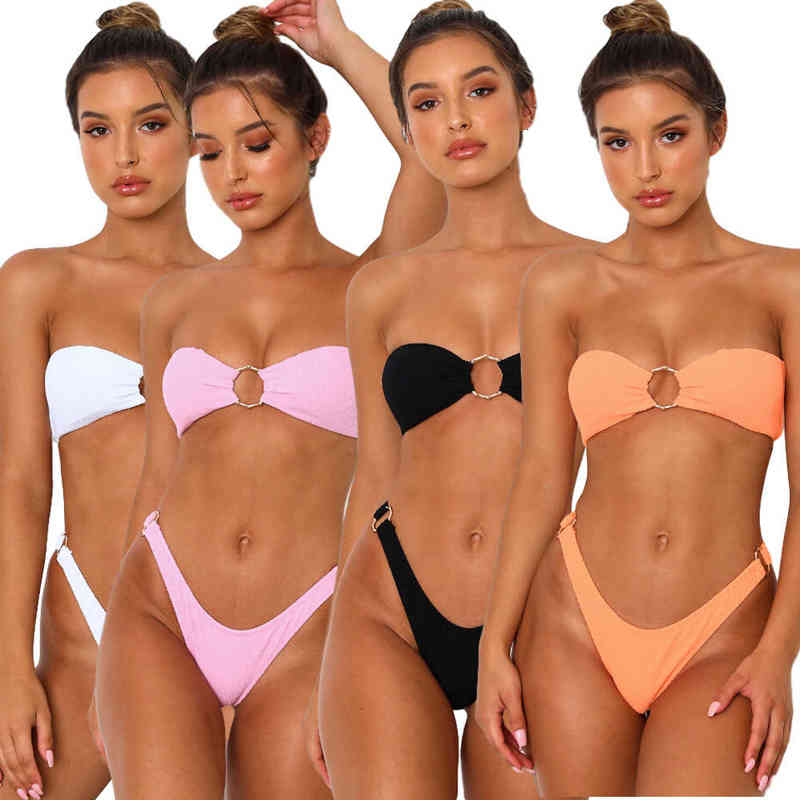 Women' Swimwear solid color Strapless bikini small chest back button four women' swimming suit, White
Women' Swimwear solid color Strapless bikini small chest back button four women' swimming suit, White