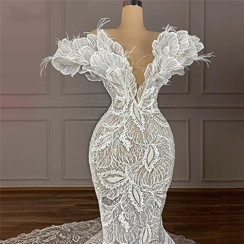 uriousMermaid Wedding Dress Sleeveless Deep V Neck Strapless 3D wer Appliques Lace Illusion Custom Made Ruffles Bridal or Length