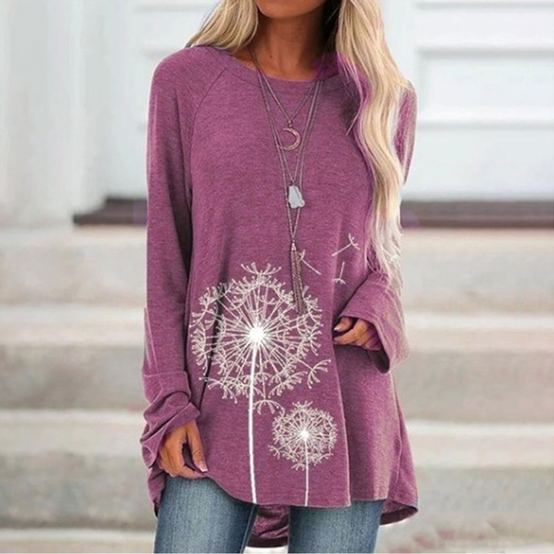 Autumn Women Tops Floral Dandelion Print Long sleeved T shirt Round Neck Loose Casual Pullover Ladies Top 220714
