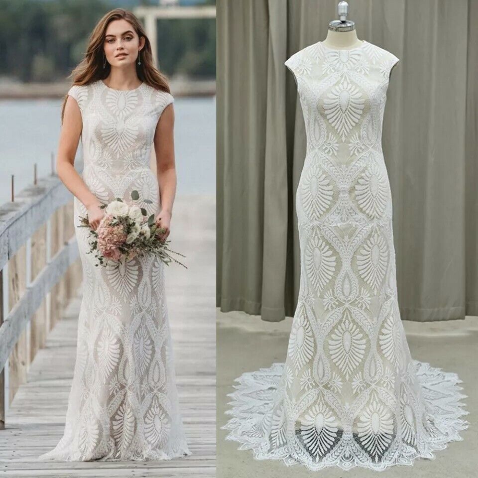 Charming Lace Bohemian Wedding Dress O Neck Sleeveless Mermaid Boho Bridal Dress Full Length Beach Low Back Hippies Bride Gown 2022 Robe Mariage Vesti