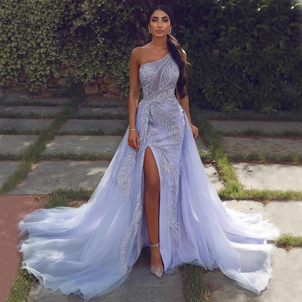 Lavender Side Split Mermaid Prom Dresses One Shoulder Neckline Evening Gowns Beaded Overskirt Sweep Train Tulle Appliqued Formal Dress, Royal blue
Lavender Side Split Mermaid Prom Dresses One Shoulder Neckline Evening Gowns Beaded Overskirt Sweep Train Tulle Appliqued Formal Dress, Royal blue