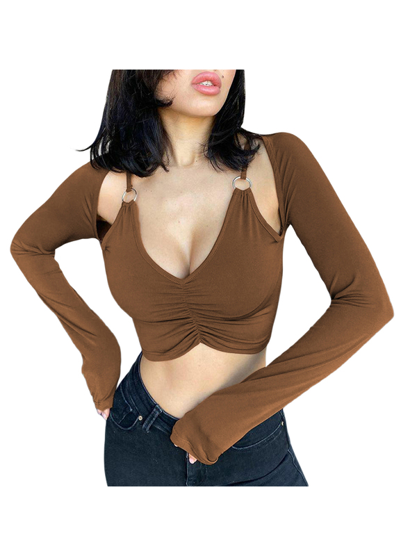 Fashion Women Crop Top T Shirts Solid Long Sleeve Deep V Neck Cropped Navel Shirt Blouse Party Spring Fall Clothes 220714