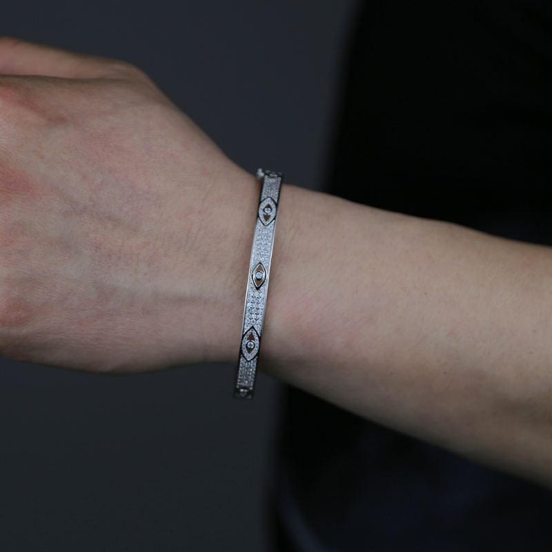 Gold Plated Turkish Evil Eye Bangle Bracelet for Women and Men, Micro Paved Clear Full Cubic Zirconia Jewelry